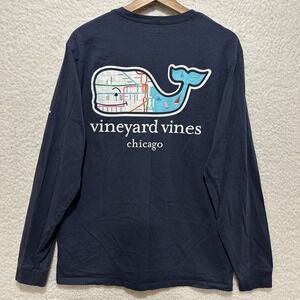 Vineyard Vines Long Sleeve Pocket T-shirt Navy Blue Chicago Map Graphic Size M